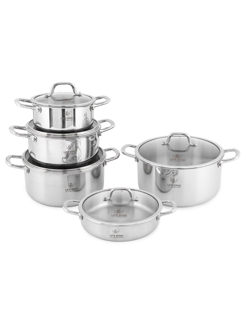 Life Smile 18/10 Stainless Steel Induction Soup Pot Set with Glass Lids – 10pcs Cookware Set includes 20/24/28/30cm Soup Pot with Lid & 28cm Shallow Pot with Lid - Image 1